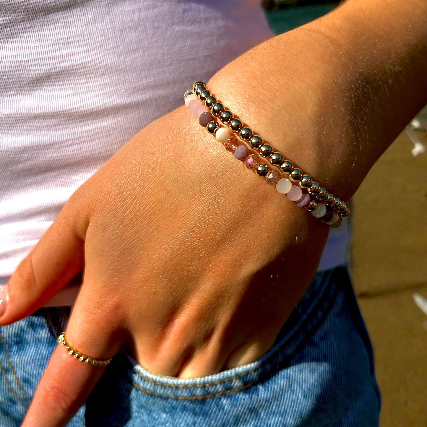 Mixed Purple Bead Bracelet With Gold Accent