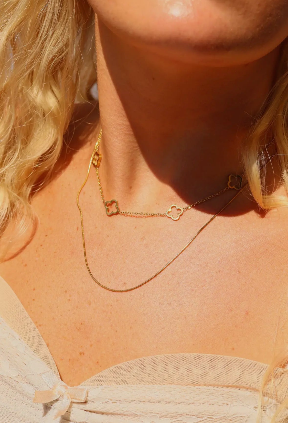 18K Gold PVD Stainless Steel Layered Clover Charm Necklace