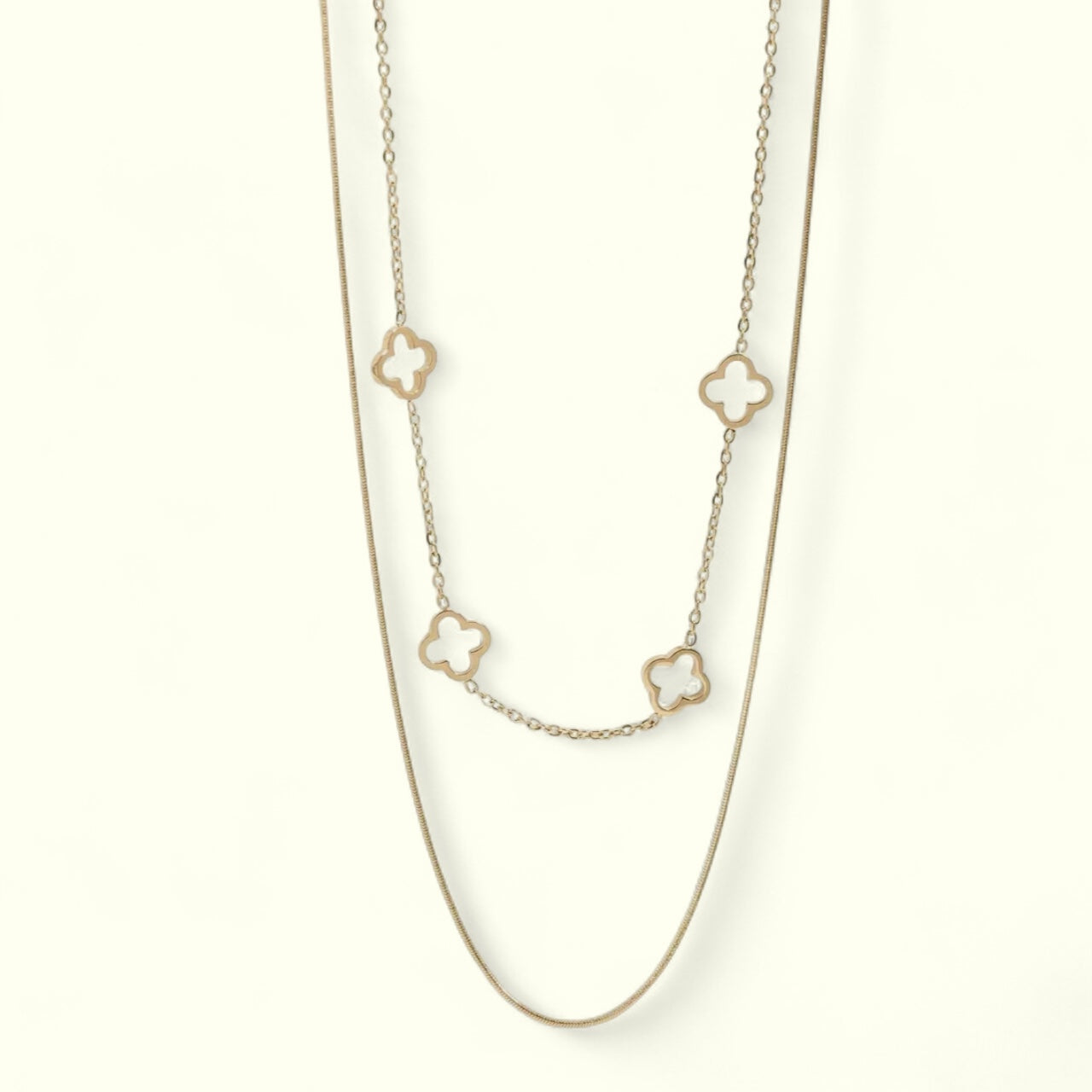 18K Gold PVD Stainless Steel Layered Clover Charm Necklace